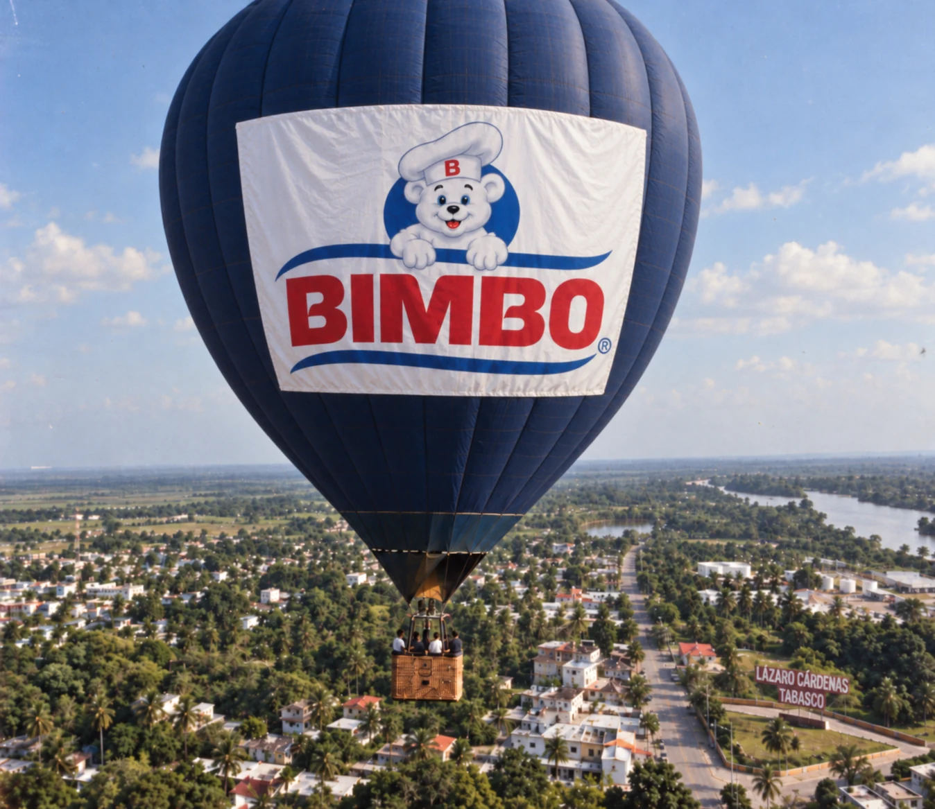 Globo aerostático publicitario de Bimbo sobre Lázaro Cárdenas, Tabasco, recreación visual de un proyecto histórico de Radar Publicitario
